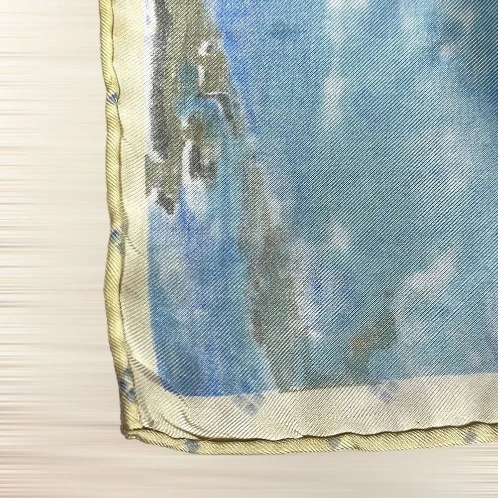 Water Lilies by MONET Scarf Vintage Silk Satin Square  Hand Rolled Blue Yellow
